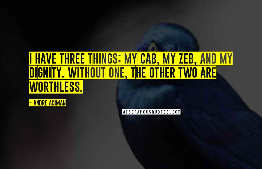 Andre Aciman Quotes: I have three things: my cab, my zeb, and my dignity. Without one, the other two are worthless.