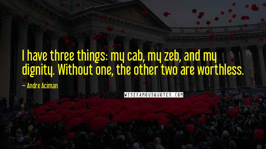 Andre Aciman Quotes: I have three things: my cab, my zeb, and my dignity. Without one, the other two are worthless.