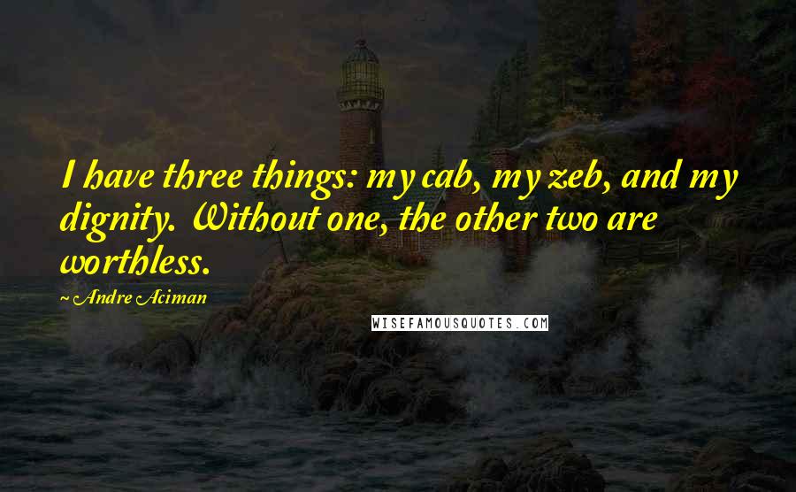 Andre Aciman Quotes: I have three things: my cab, my zeb, and my dignity. Without one, the other two are worthless.