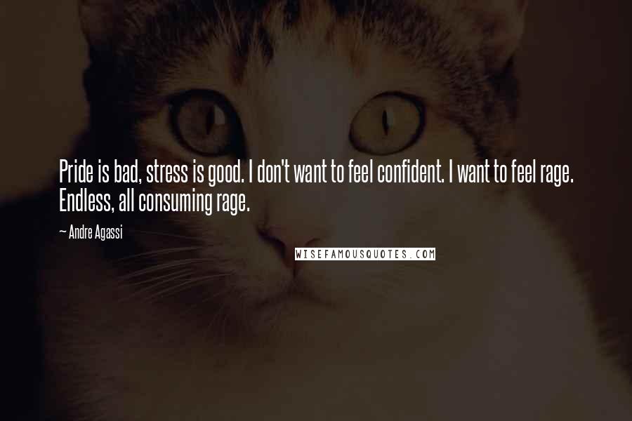 Andre Agassi Quotes: Pride is bad, stress is good. I don't want to feel confident. I want to feel rage. Endless, all consuming rage.