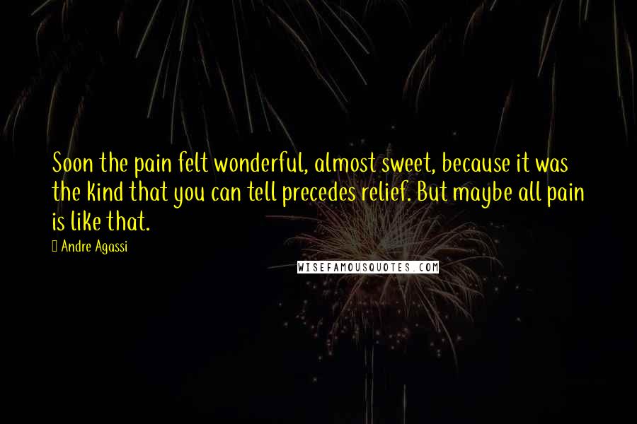 Andre Agassi Quotes: Soon the pain felt wonderful, almost sweet, because it was the kind that you can tell precedes relief. But maybe all pain is like that.