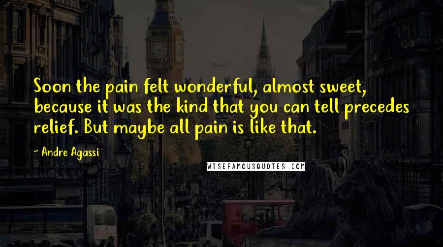 Andre Agassi Quotes: Soon the pain felt wonderful, almost sweet, because it was the kind that you can tell precedes relief. But maybe all pain is like that.