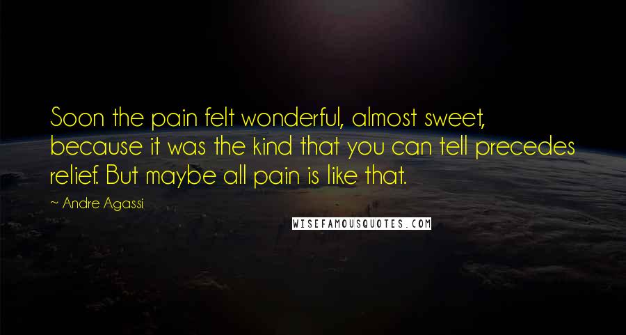 Andre Agassi Quotes: Soon the pain felt wonderful, almost sweet, because it was the kind that you can tell precedes relief. But maybe all pain is like that.