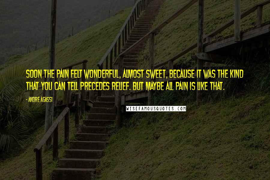 Andre Agassi Quotes: Soon the pain felt wonderful, almost sweet, because it was the kind that you can tell precedes relief. But maybe all pain is like that.