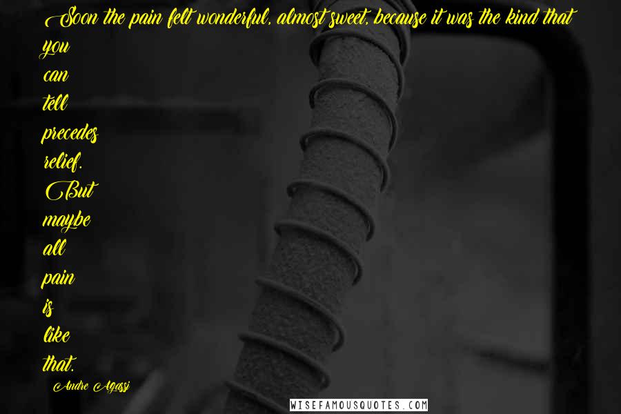Andre Agassi Quotes: Soon the pain felt wonderful, almost sweet, because it was the kind that you can tell precedes relief. But maybe all pain is like that.