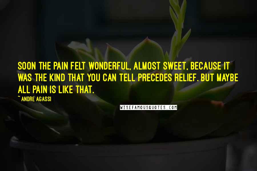 Andre Agassi Quotes: Soon the pain felt wonderful, almost sweet, because it was the kind that you can tell precedes relief. But maybe all pain is like that.