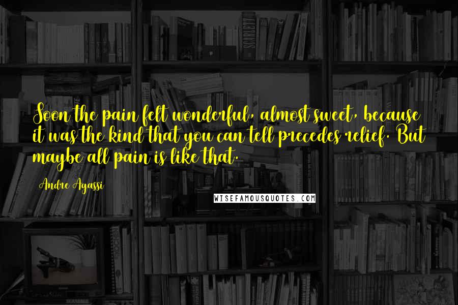 Andre Agassi Quotes: Soon the pain felt wonderful, almost sweet, because it was the kind that you can tell precedes relief. But maybe all pain is like that.