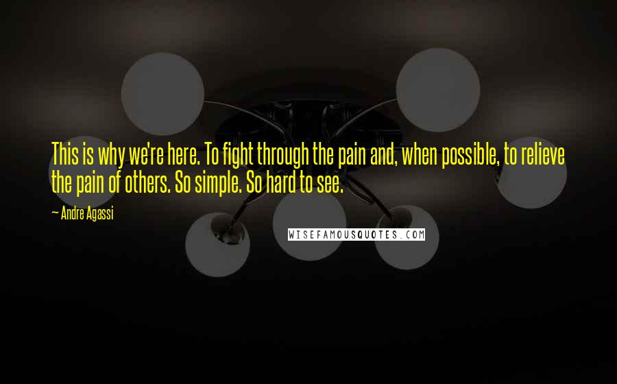 Andre Agassi Quotes: This is why we're here. To fight through the pain and, when possible, to relieve the pain of others. So simple. So hard to see.