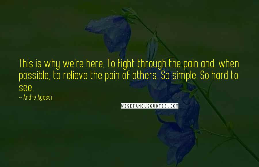 Andre Agassi Quotes: This is why we're here. To fight through the pain and, when possible, to relieve the pain of others. So simple. So hard to see.