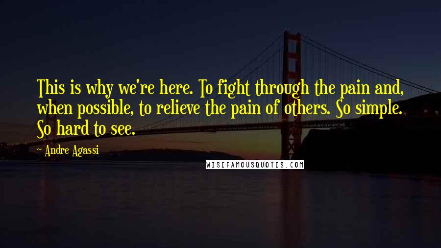 Andre Agassi Quotes: This is why we're here. To fight through the pain and, when possible, to relieve the pain of others. So simple. So hard to see.