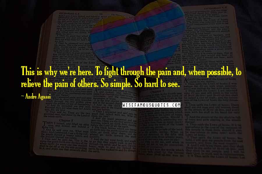 Andre Agassi Quotes: This is why we're here. To fight through the pain and, when possible, to relieve the pain of others. So simple. So hard to see.