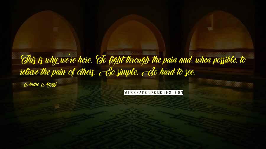 Andre Agassi Quotes: This is why we're here. To fight through the pain and, when possible, to relieve the pain of others. So simple. So hard to see.