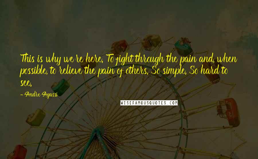 Andre Agassi Quotes: This is why we're here. To fight through the pain and, when possible, to relieve the pain of others. So simple. So hard to see.