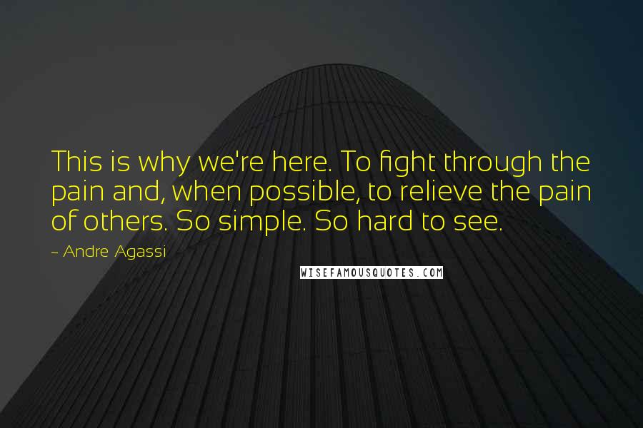 Andre Agassi Quotes: This is why we're here. To fight through the pain and, when possible, to relieve the pain of others. So simple. So hard to see.