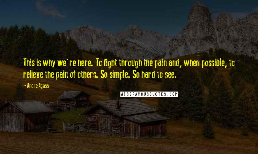 Andre Agassi Quotes: This is why we're here. To fight through the pain and, when possible, to relieve the pain of others. So simple. So hard to see.