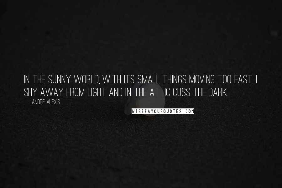 Andre Alexis Quotes: In the sunny world, with its small things moving too fast, I shy away from light and in the attic cuss the dark.