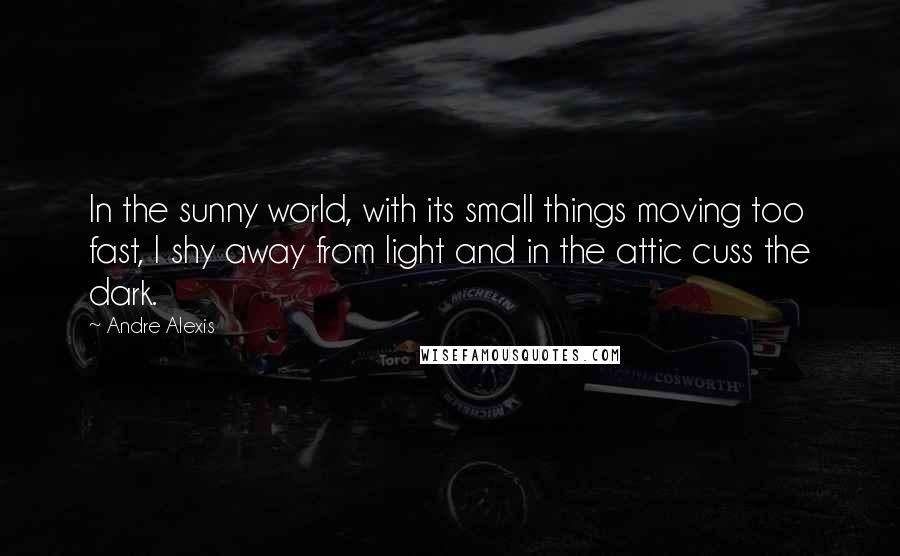 Andre Alexis Quotes: In the sunny world, with its small things moving too fast, I shy away from light and in the attic cuss the dark.