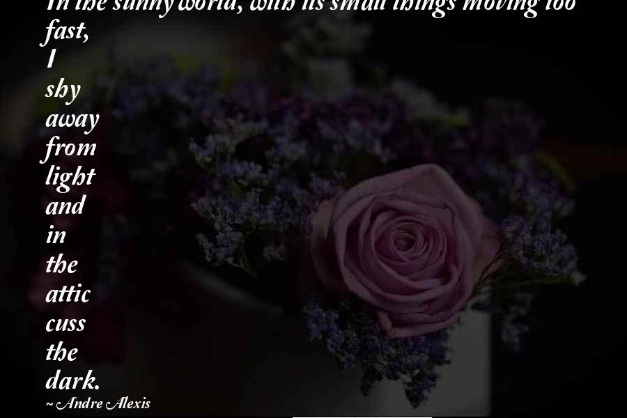 Andre Alexis Quotes: In the sunny world, with its small things moving too fast, I shy away from light and in the attic cuss the dark.