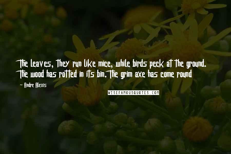 Andre Alexis Quotes: The leaves, they run like mice, while birds peck at the ground. The wood has rotted in its bin. The grim axe has come round