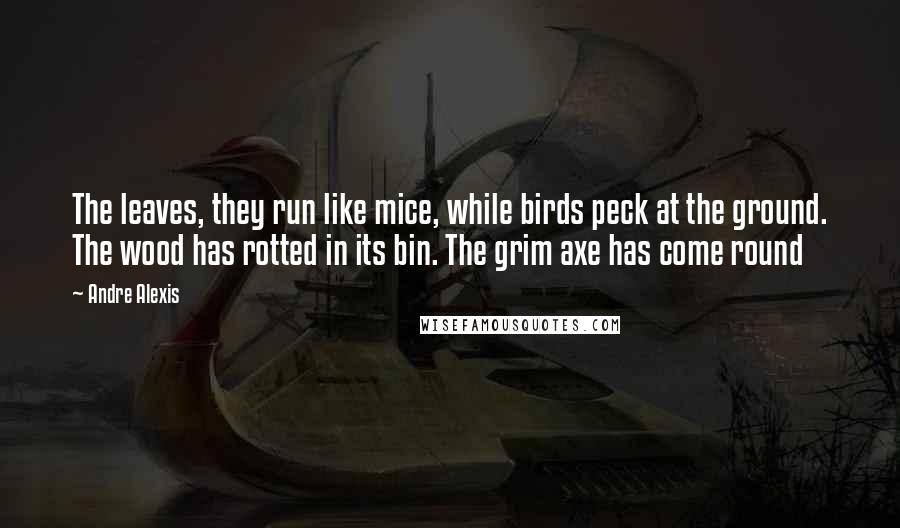 Andre Alexis Quotes: The leaves, they run like mice, while birds peck at the ground. The wood has rotted in its bin. The grim axe has come round