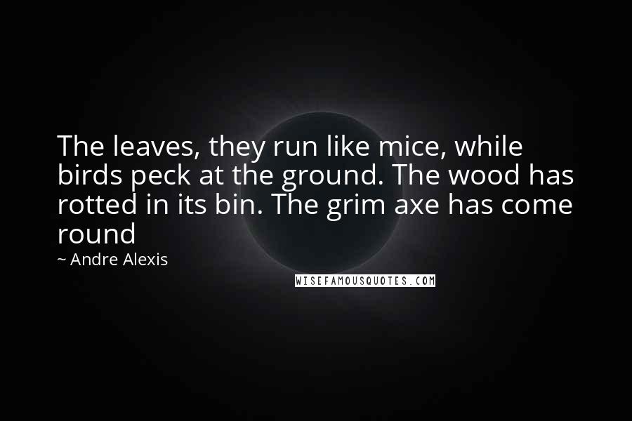 Andre Alexis Quotes: The leaves, they run like mice, while birds peck at the ground. The wood has rotted in its bin. The grim axe has come round