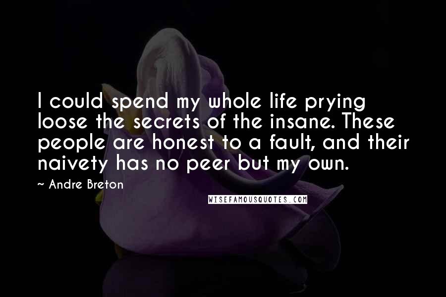 Andre Breton Quotes: I could spend my whole life prying loose the secrets of the insane. These people are honest to a fault, and their naivety has no peer but my own.