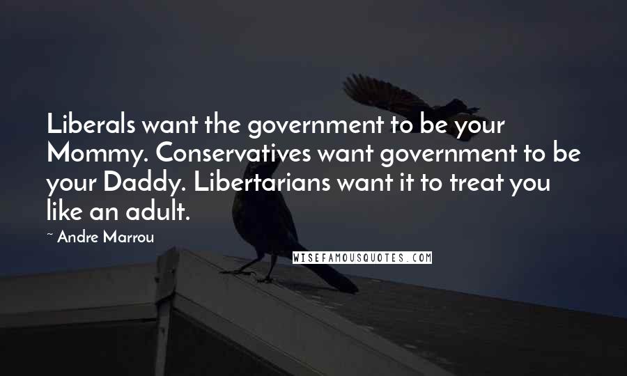 Andre Marrou Quotes: Liberals want the government to be your Mommy. Conservatives want government to be your Daddy. Libertarians want it to treat you like an adult.