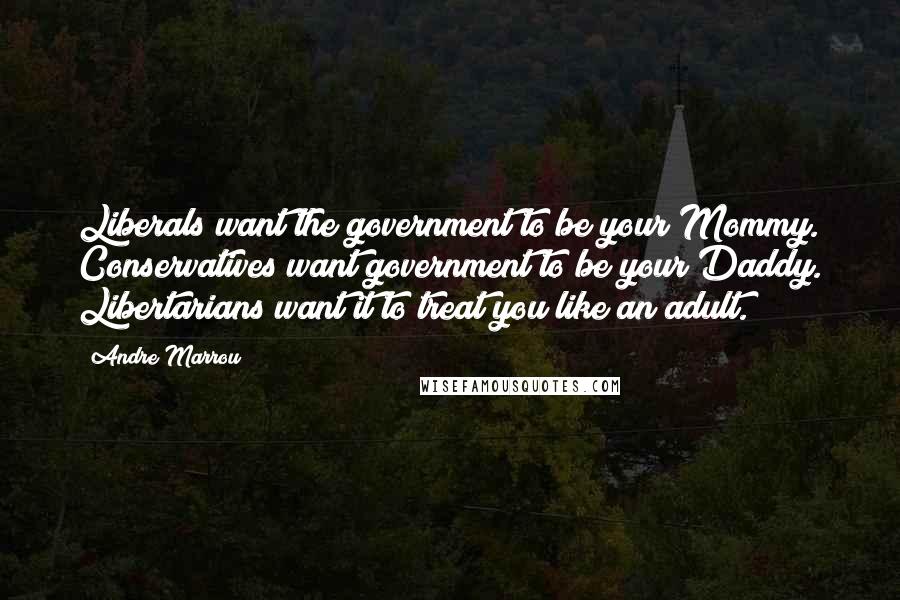 Andre Marrou Quotes: Liberals want the government to be your Mommy. Conservatives want government to be your Daddy. Libertarians want it to treat you like an adult.