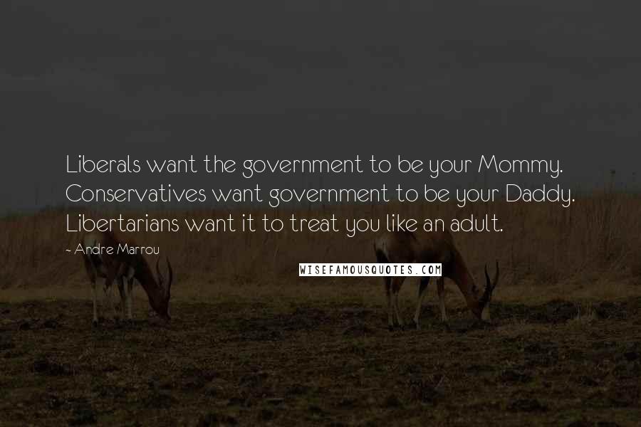 Andre Marrou Quotes: Liberals want the government to be your Mommy. Conservatives want government to be your Daddy. Libertarians want it to treat you like an adult.