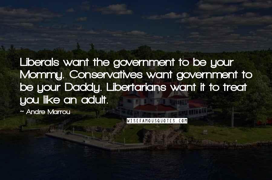 Andre Marrou Quotes: Liberals want the government to be your Mommy. Conservatives want government to be your Daddy. Libertarians want it to treat you like an adult.