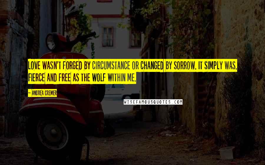 Andrea Cremer Quotes: Love wasn't forged by circumstance or changed by sorrow. It simply was. Fierce and free as the wolf within me.