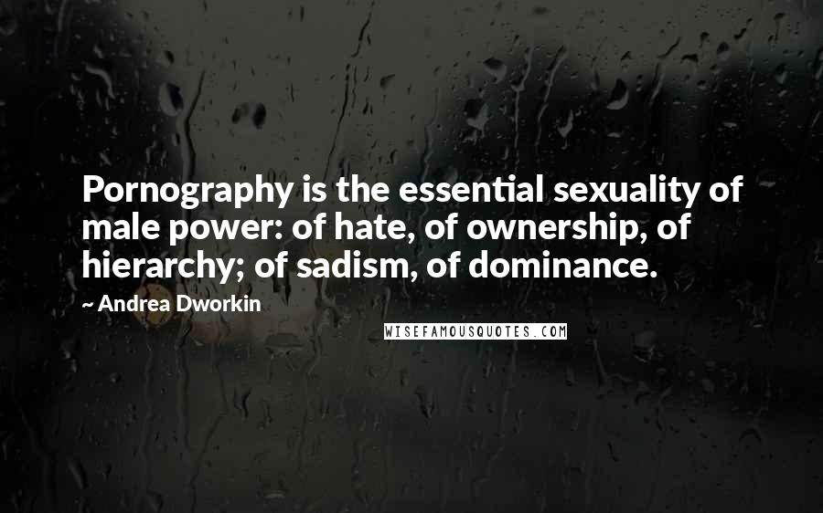 Andrea Dworkin Quotes: Pornography is the essential sexuality of male power: of hate, of ownership, of hierarchy; of sadism, of dominance.