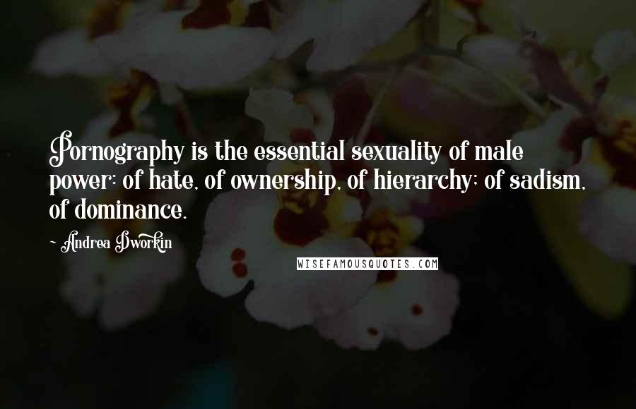 Andrea Dworkin Quotes: Pornography is the essential sexuality of male power: of hate, of ownership, of hierarchy; of sadism, of dominance.