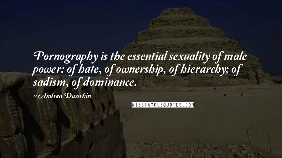 Andrea Dworkin Quotes: Pornography is the essential sexuality of male power: of hate, of ownership, of hierarchy; of sadism, of dominance.