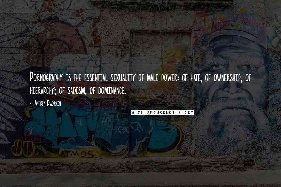 Andrea Dworkin Quotes: Pornography is the essential sexuality of male power: of hate, of ownership, of hierarchy; of sadism, of dominance.