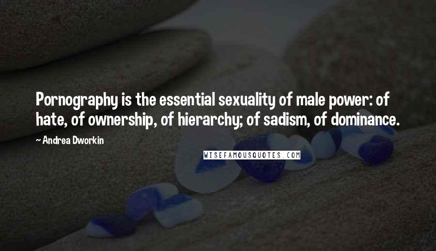 Andrea Dworkin Quotes: Pornography is the essential sexuality of male power: of hate, of ownership, of hierarchy; of sadism, of dominance.