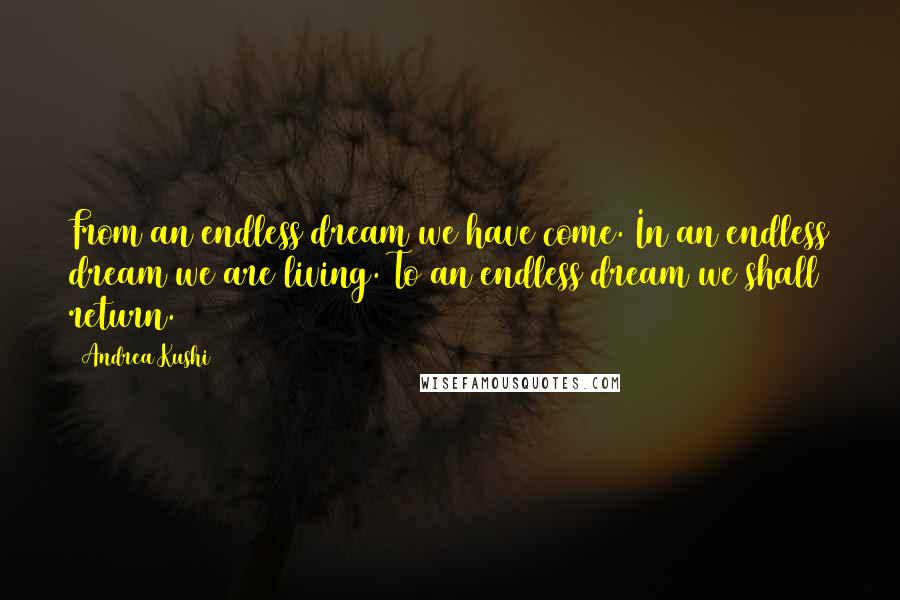 Andrea Kushi Quotes: From an endless dream we have come. In an endless dream we are living. To an endless dream we shall return.