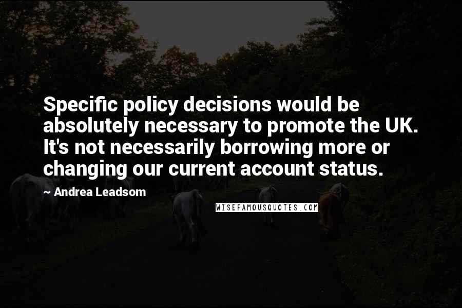 Andrea Leadsom Quotes: Specific policy decisions would be absolutely necessary to promote the UK. It's not necessarily borrowing more or changing our current account status.