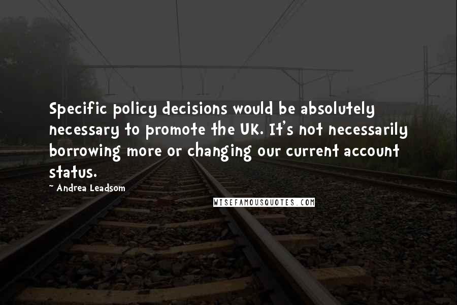 Andrea Leadsom Quotes: Specific policy decisions would be absolutely necessary to promote the UK. It's not necessarily borrowing more or changing our current account status.