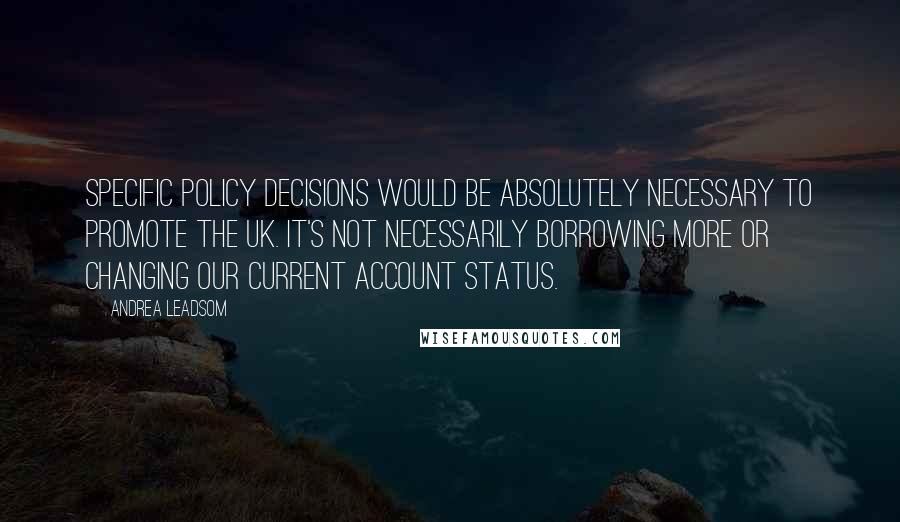 Andrea Leadsom Quotes: Specific policy decisions would be absolutely necessary to promote the UK. It's not necessarily borrowing more or changing our current account status.