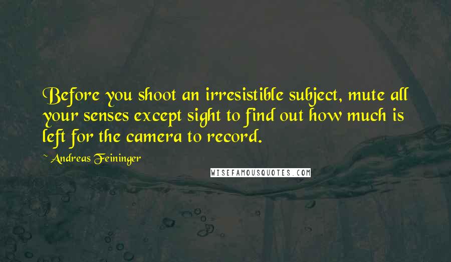 Andreas Feininger Quotes: Before you shoot an irresistible subject, mute all your senses except sight to find out how much is left for the camera to record.