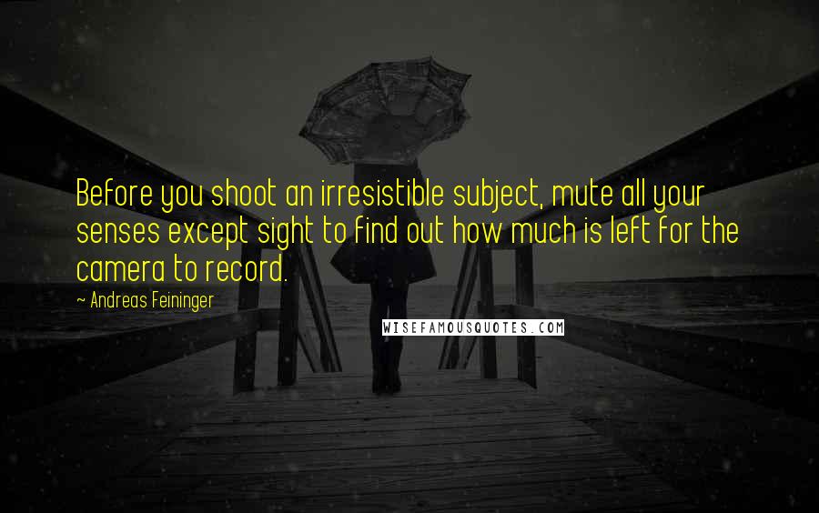 Andreas Feininger Quotes: Before you shoot an irresistible subject, mute all your senses except sight to find out how much is left for the camera to record.