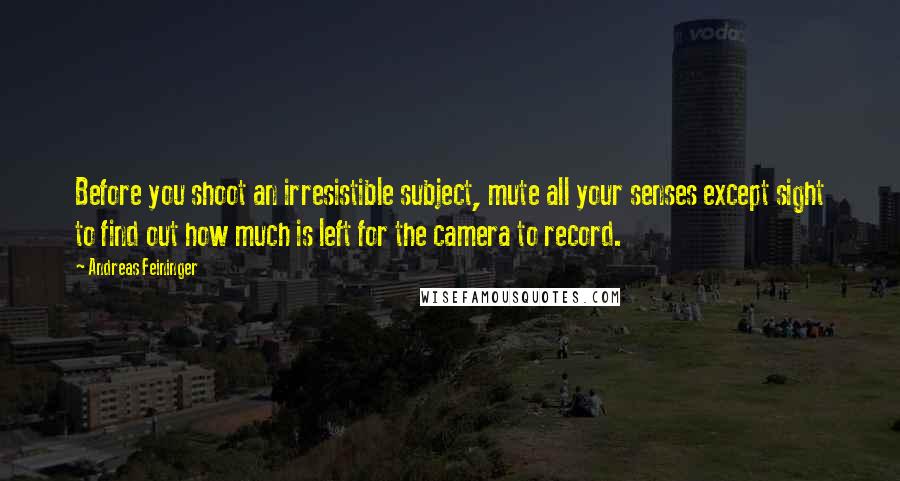 Andreas Feininger Quotes: Before you shoot an irresistible subject, mute all your senses except sight to find out how much is left for the camera to record.