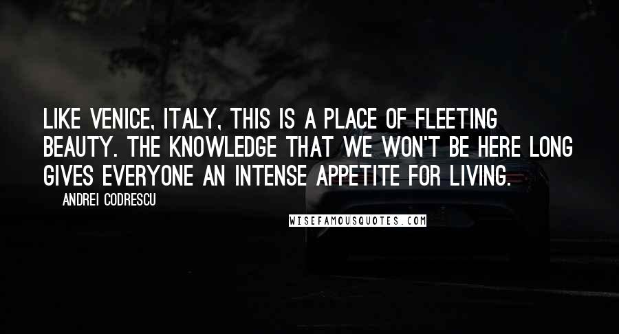 Andrei Codrescu Quotes: Like Venice, Italy, this is a place of fleeting beauty. The knowledge that we won't be here long gives everyone an intense appetite for living.