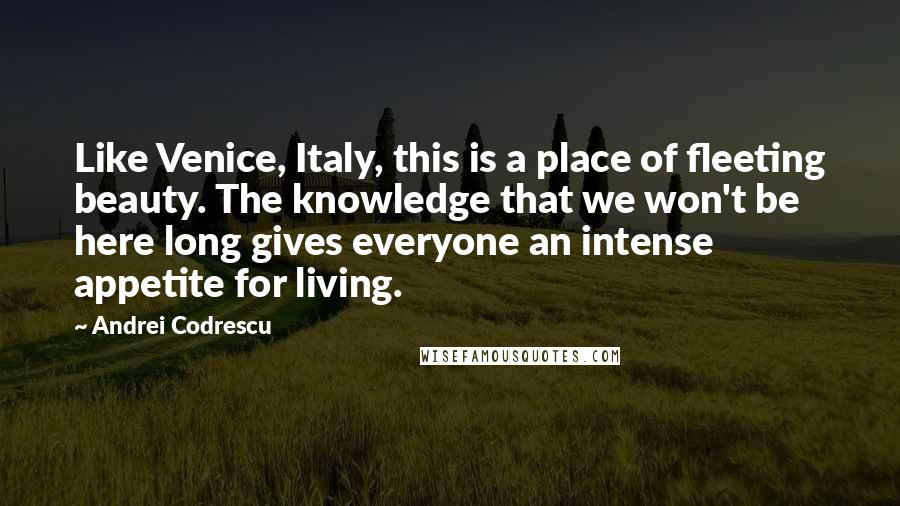 Andrei Codrescu Quotes: Like Venice, Italy, this is a place of fleeting beauty. The knowledge that we won't be here long gives everyone an intense appetite for living.