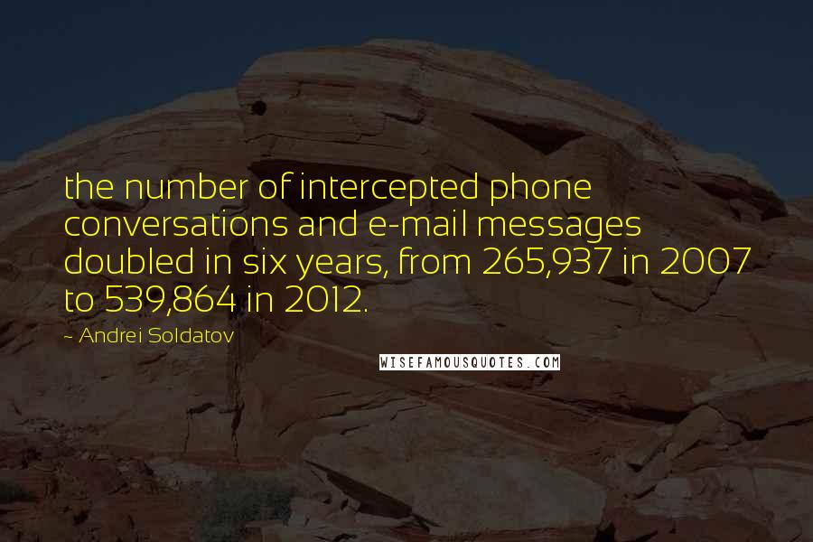 Andrei Soldatov Quotes: the number of intercepted phone conversations and e-mail messages doubled in six years, from 265,937 in 2007 to 539,864 in 2012.