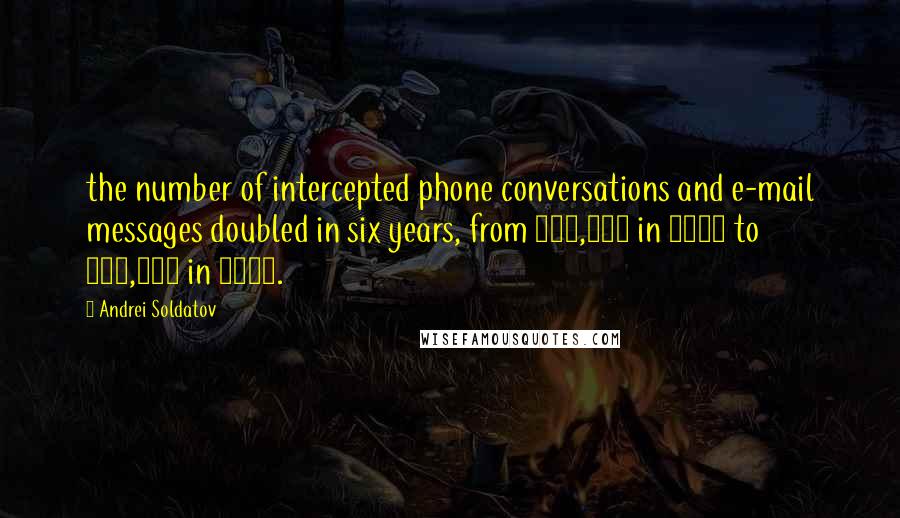 Andrei Soldatov Quotes: the number of intercepted phone conversations and e-mail messages doubled in six years, from 265,937 in 2007 to 539,864 in 2012.