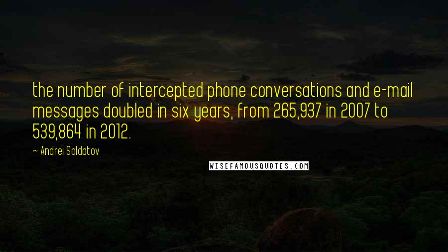 Andrei Soldatov Quotes: the number of intercepted phone conversations and e-mail messages doubled in six years, from 265,937 in 2007 to 539,864 in 2012.