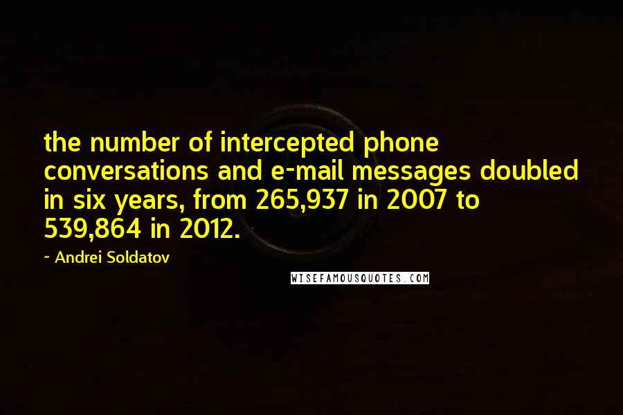 Andrei Soldatov Quotes: the number of intercepted phone conversations and e-mail messages doubled in six years, from 265,937 in 2007 to 539,864 in 2012.