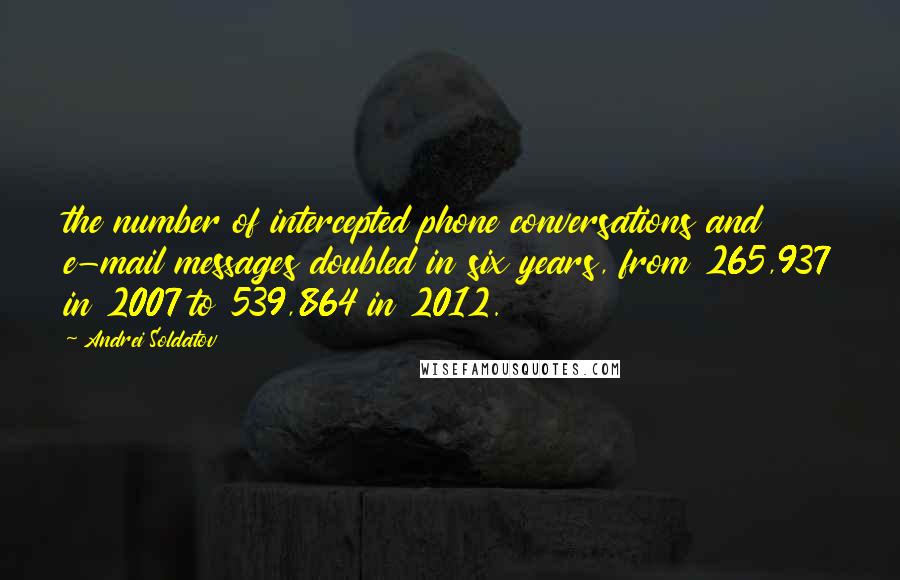 Andrei Soldatov Quotes: the number of intercepted phone conversations and e-mail messages doubled in six years, from 265,937 in 2007 to 539,864 in 2012.